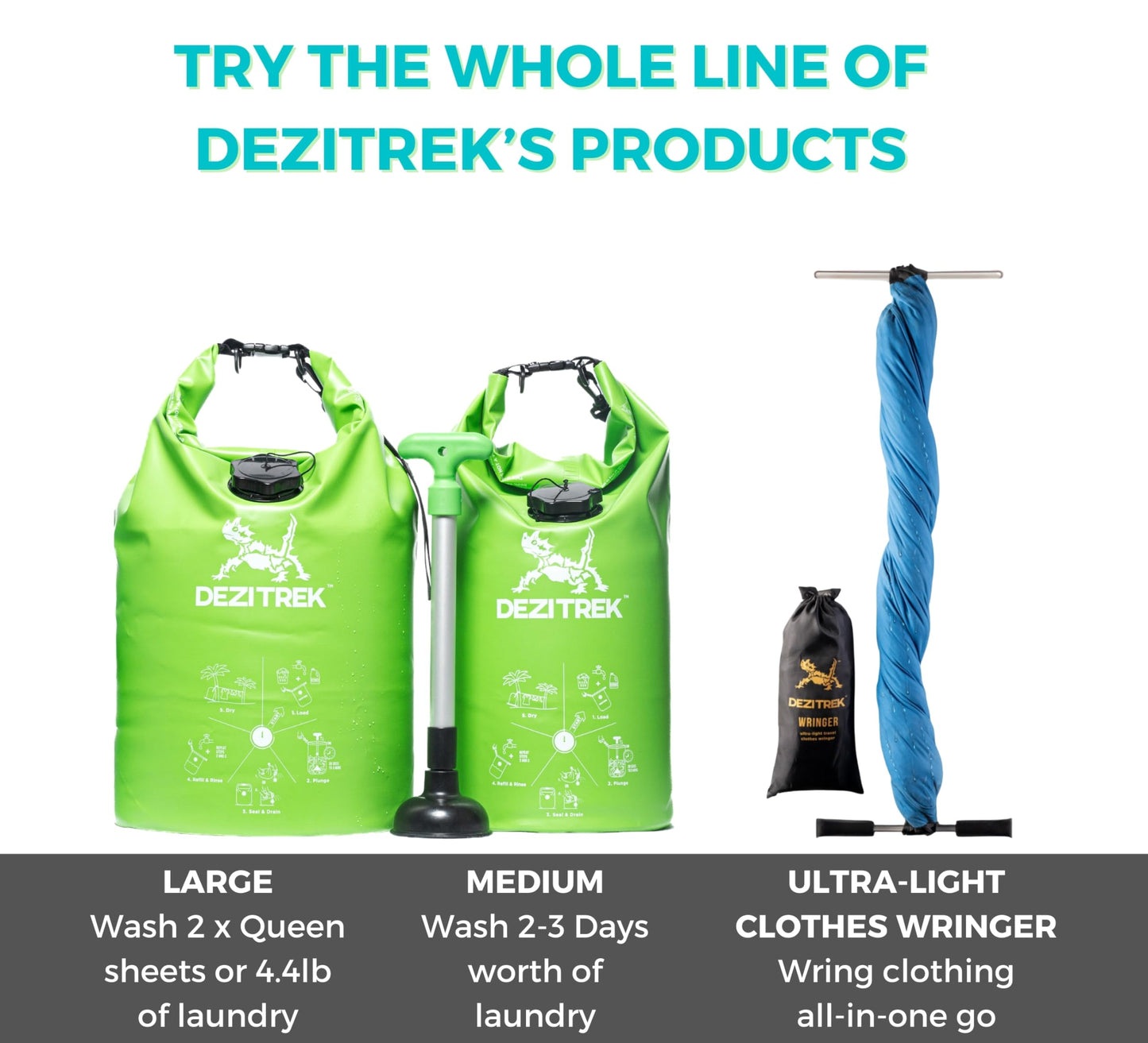 Dezitrek LARGE All in One Hand Wash Bag and Plunger Set - Off Grid Washing Machine Non Electric for Camping Travel | Eco Friendly Portable Manual Clothes Washer Laundry Bag for RV's, Apartments